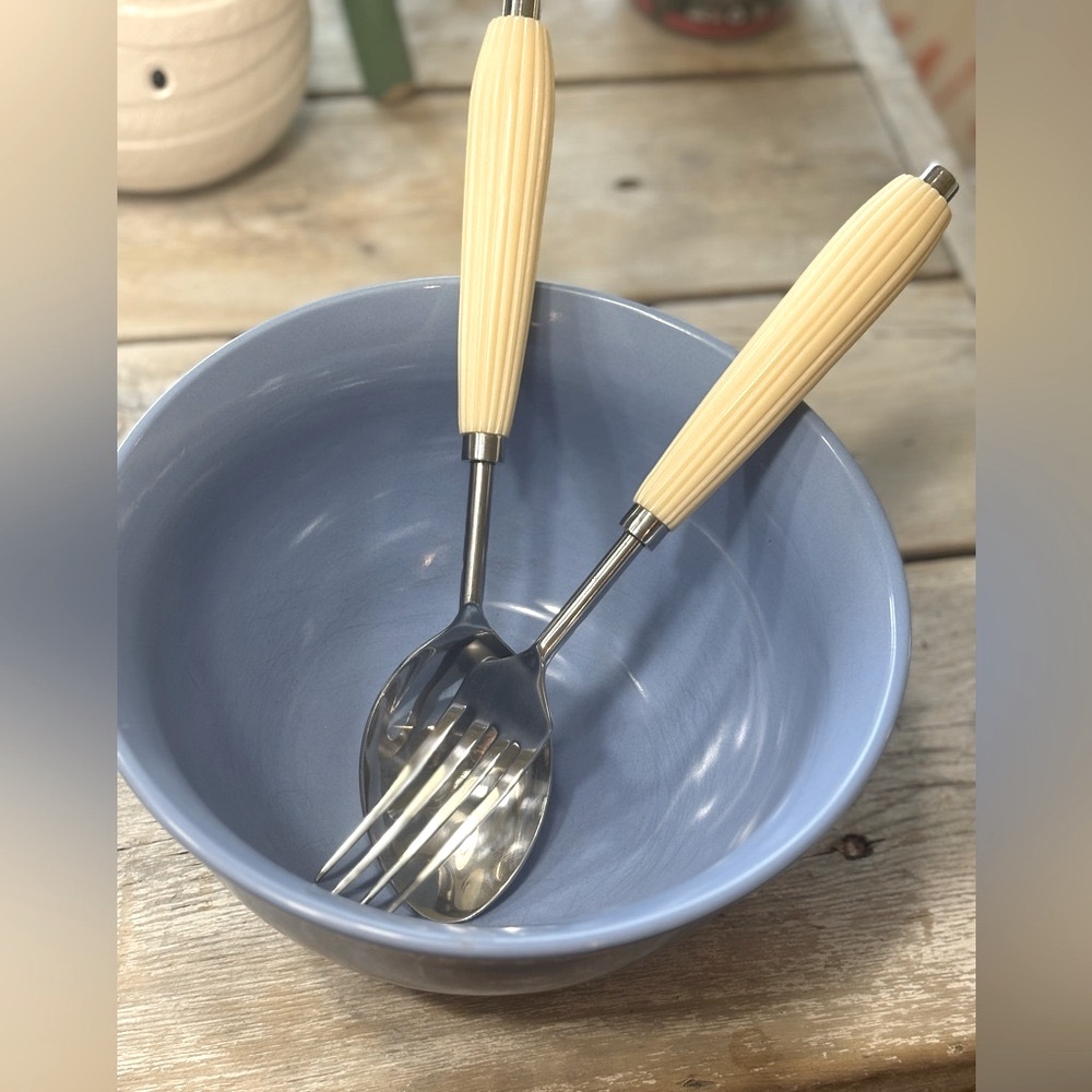 NWOT Stainless Steel Serving Set. Spoon | Fork. 11.5”L Trendy | Ribbed Design